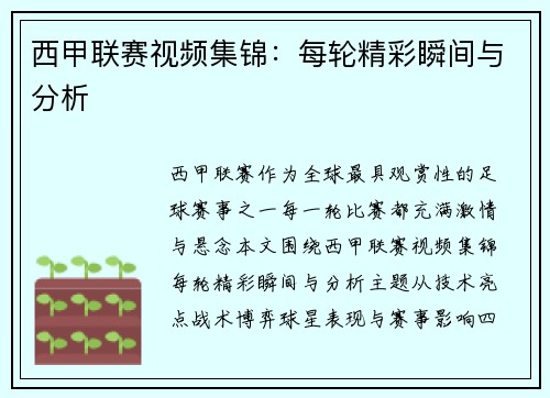 西甲联赛视频集锦：每轮精彩瞬间与分析